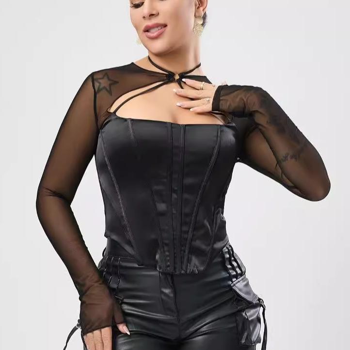 Club Wear Micro Elastic Satin Mesh Stitching Bone Hollow Out Cutout Zipper Sexy Short Top Bella Mia